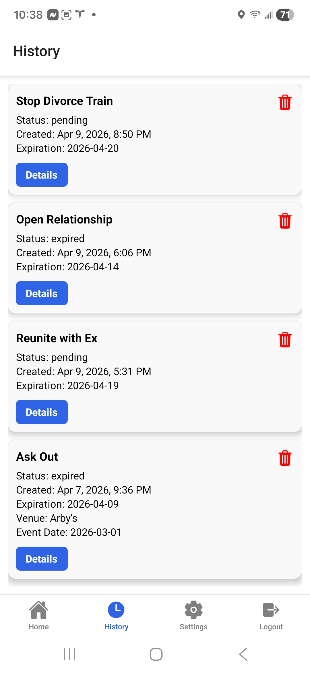 Mutual Spark history screen